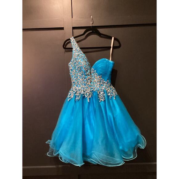 Sherri Hill Short Turquoise One Shoulder Prom glam Homecoming Balloon Dress 4 - Picture 7 of 11